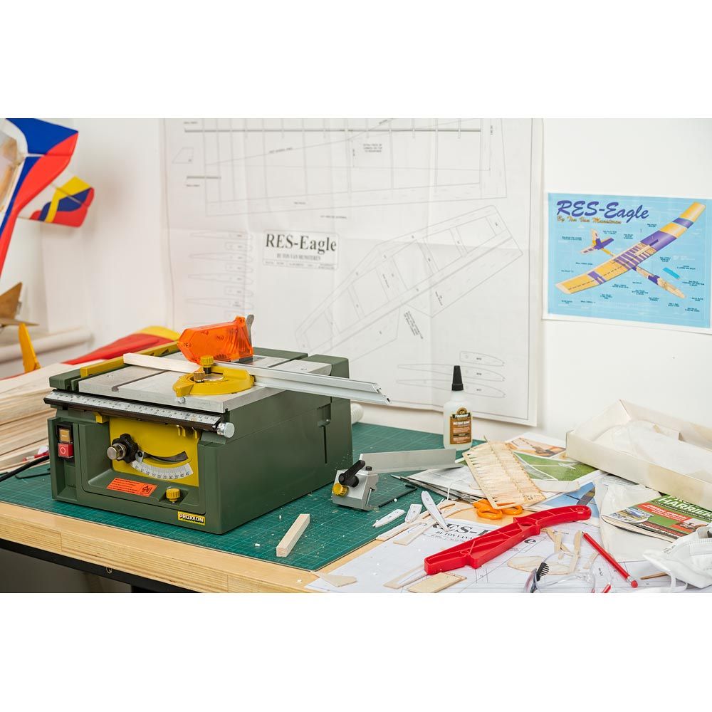 PROXXON FET Benchtop Table Saw in use, cutting materials with precision