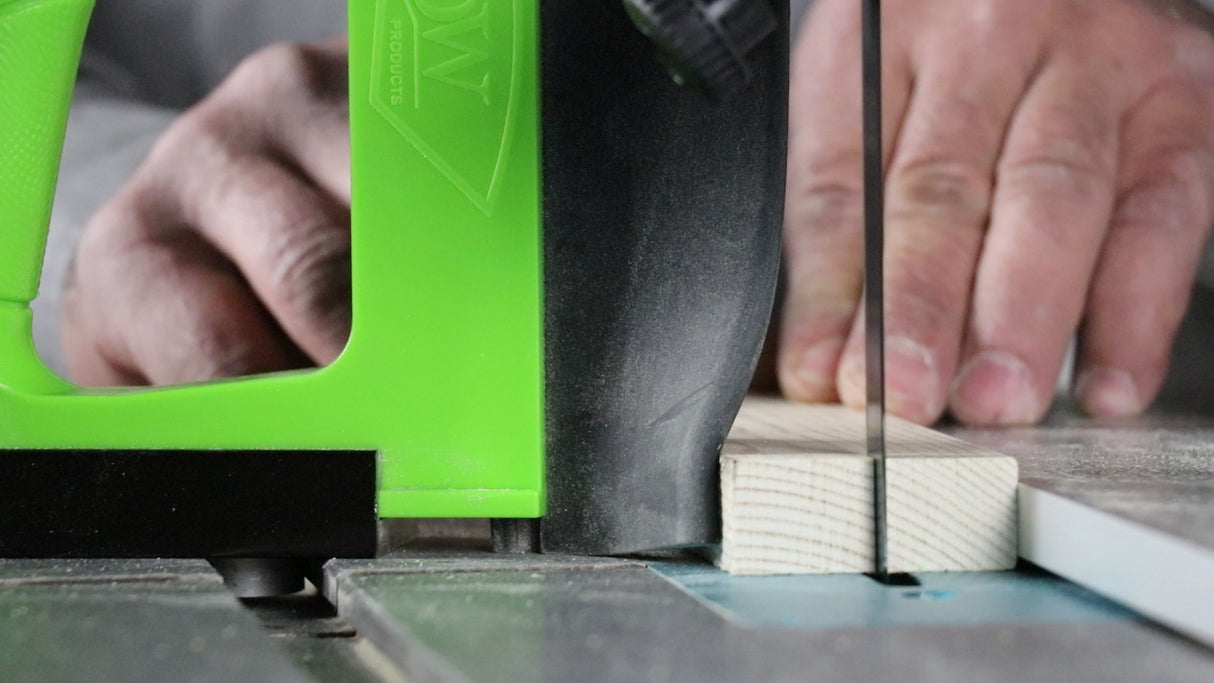 BOW Products GuidePRO Featherboard for Bandsaws, shown in use on a bandsaw, enhancing wood feeding precision and safety
