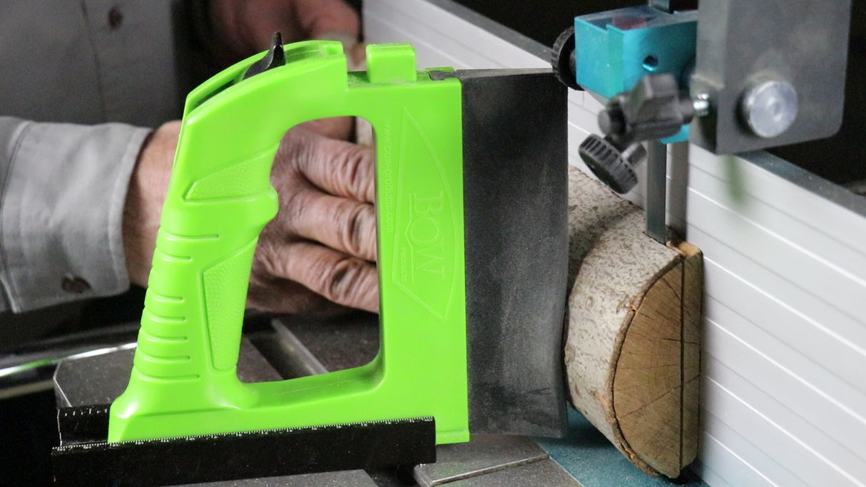 BOW Products GuidePRO Featherboard for Bandsaws, showing easy setup and precise wood feeding for perfect cuts
