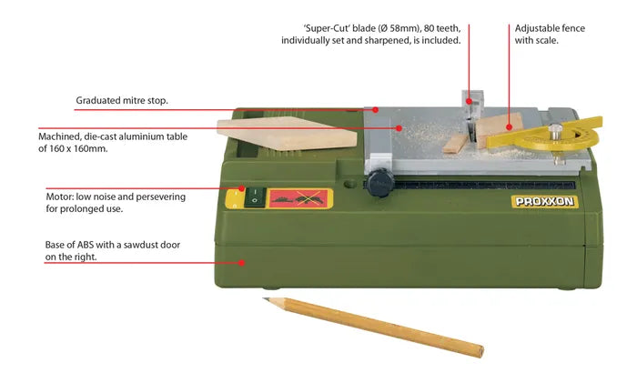 Proxxon KS-230 Benchtop Mini Table Saw in action, showcasing its precise cutting capabilities