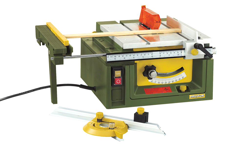 PROXXON FET Benchtop Table Saw cutting wood, metals, plastics, and more