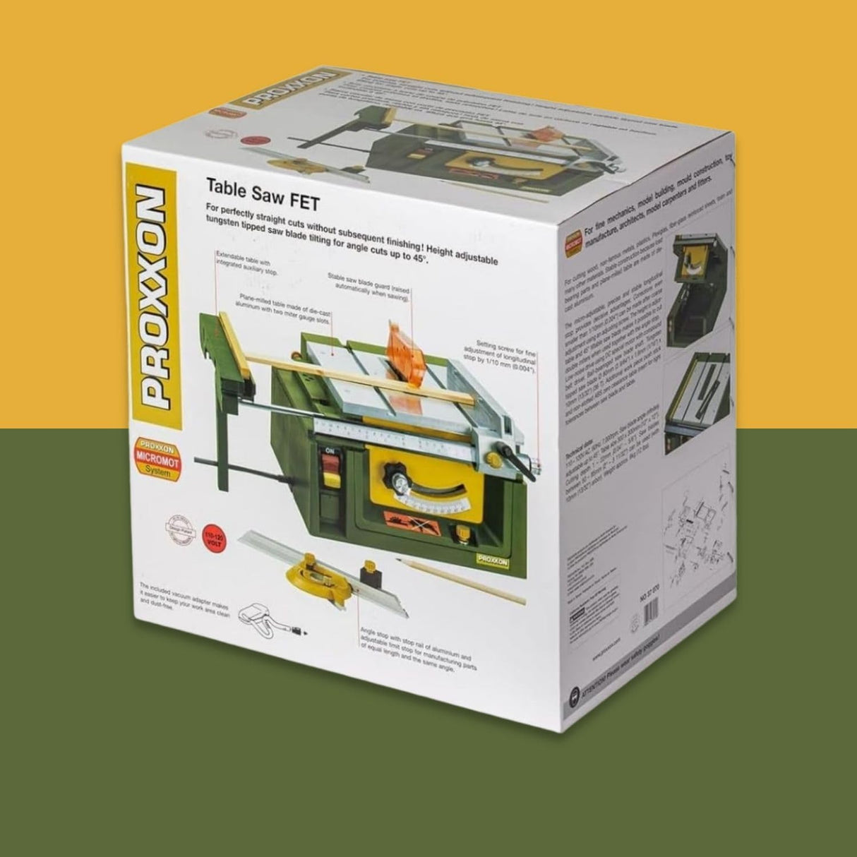 PROXXON FET Benchtop Table Saw in use, cutting precise angles on wood and metals