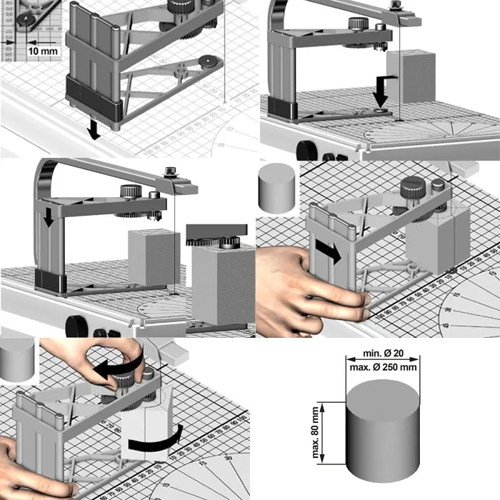 PROXXON TKS-360 Thermocut Circle Cutter Fence in use, creating precise circular cuts for cylinders and cones