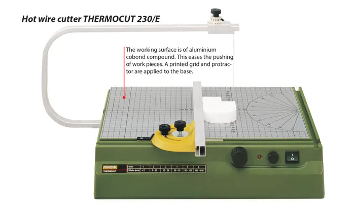 PROXXON 230/E Thermocut Hot Wire Cutter 50W on large aluminium cobond base, angled view