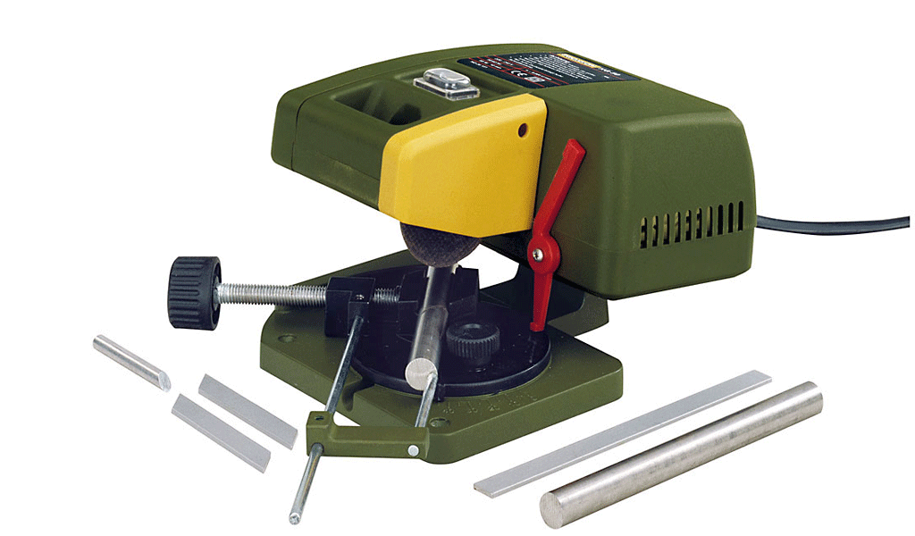 PROXXON KG-50 Cut Off Mitre Saw 85W with Ceramic Cutting Discs on adjustable table angled at 45°