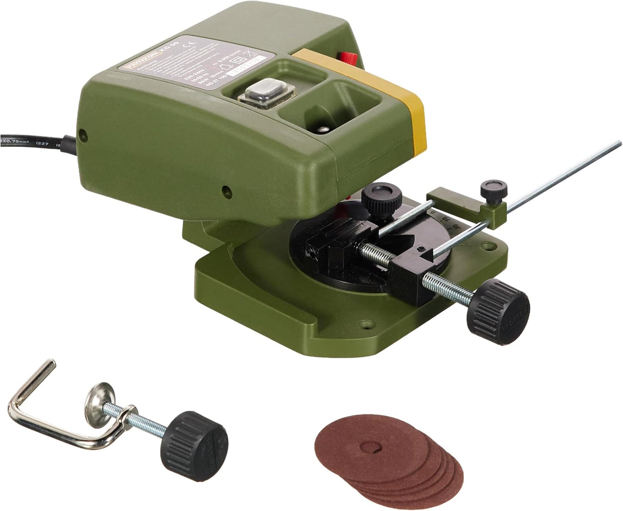 PROXXON KG-50 Cut Off Mitre Saw 85W with Ceramic Cutting Discs, angled view showcasing adjustable table for precise mitre cuts