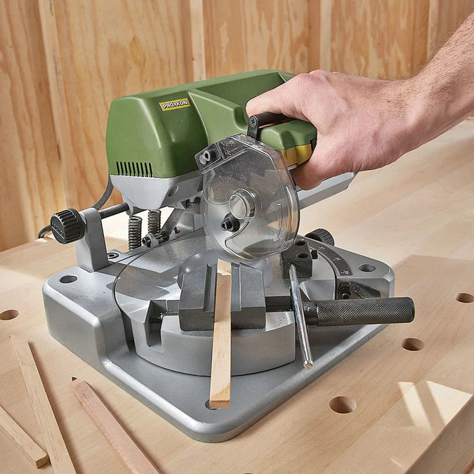 PROXXON KG-50 Cut Off Mitre Saw 85W with Ceramic Cutting Discs, angled view showcasing adjustable table for precise mitre cuts