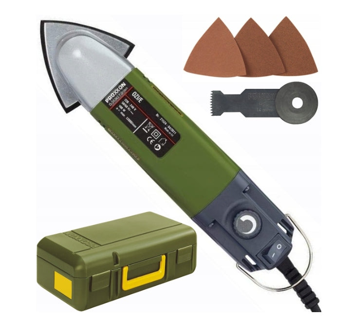 PROXXON OZI/E Delta Sander Corded 80W with Sanding Pads, ideal for detailed surface work in tight spaces