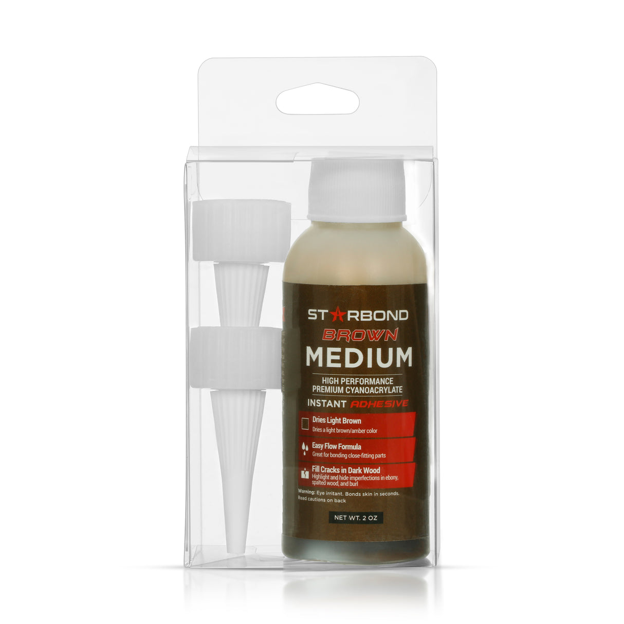 Starbond Brown Medium CA Super Glue 2oz packaging in PET box