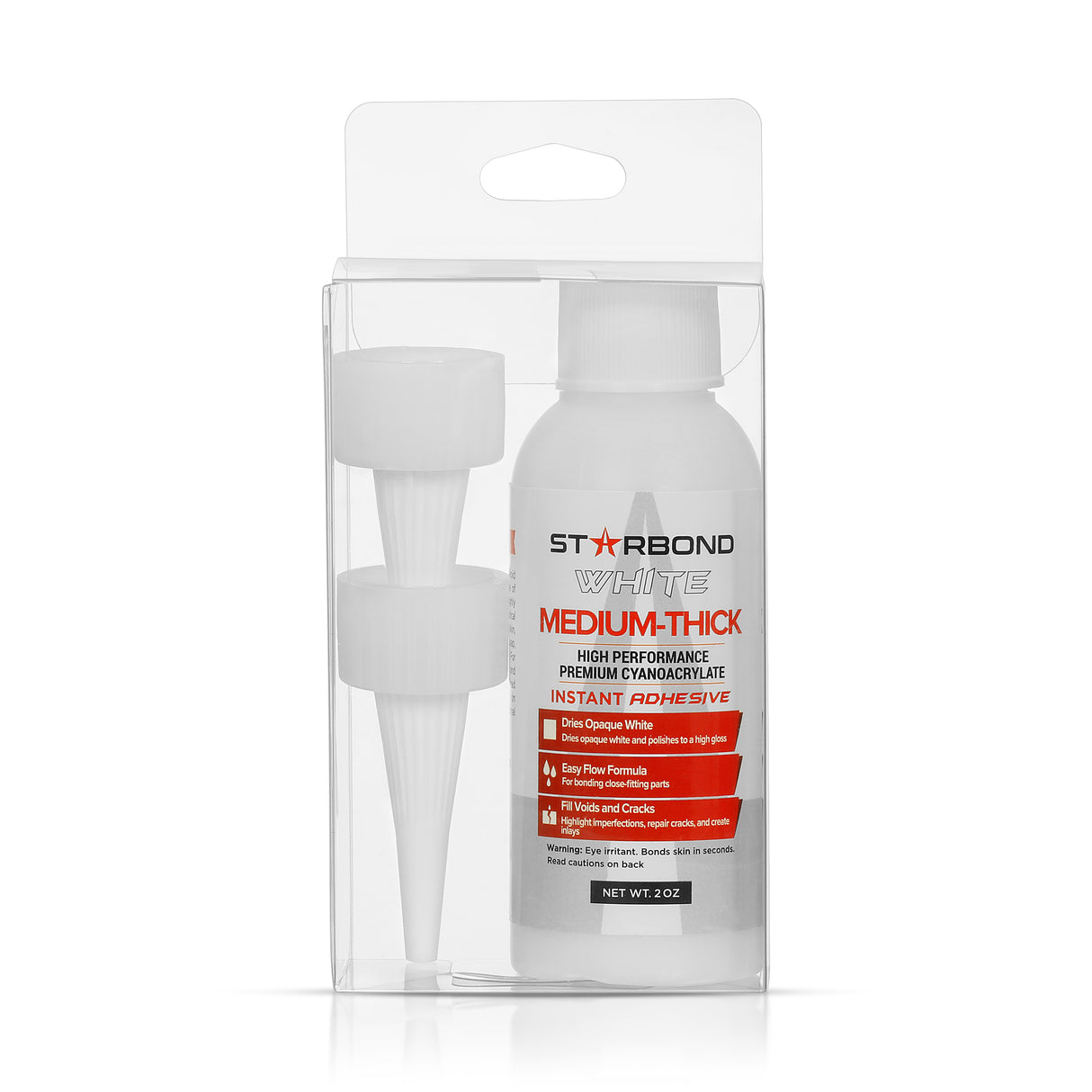 Starbond White Medium-Thick CA Super Glue 2oz in PET box, ideal for creating flawless white finishes and decorative accents