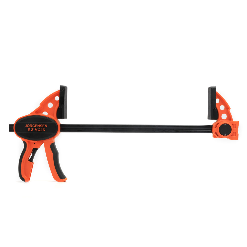 Pony Jorgensen E-Z HOLD Medium Duty Trigger Clamps in action, showing deep reach jaw and one-handed clamping mechanism