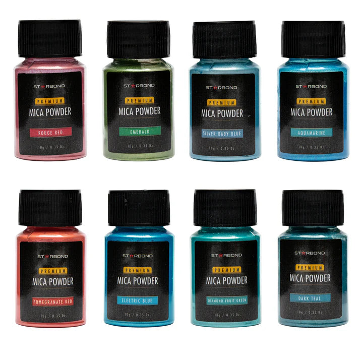 Set of 24 vibrant Australian mica powder pigments in red, green, and blue shades