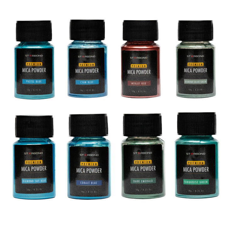 Starbond 24-Color RGB Mica Powder Pigment Set showcasing Ruby Red to Diamond Sky Blue shades