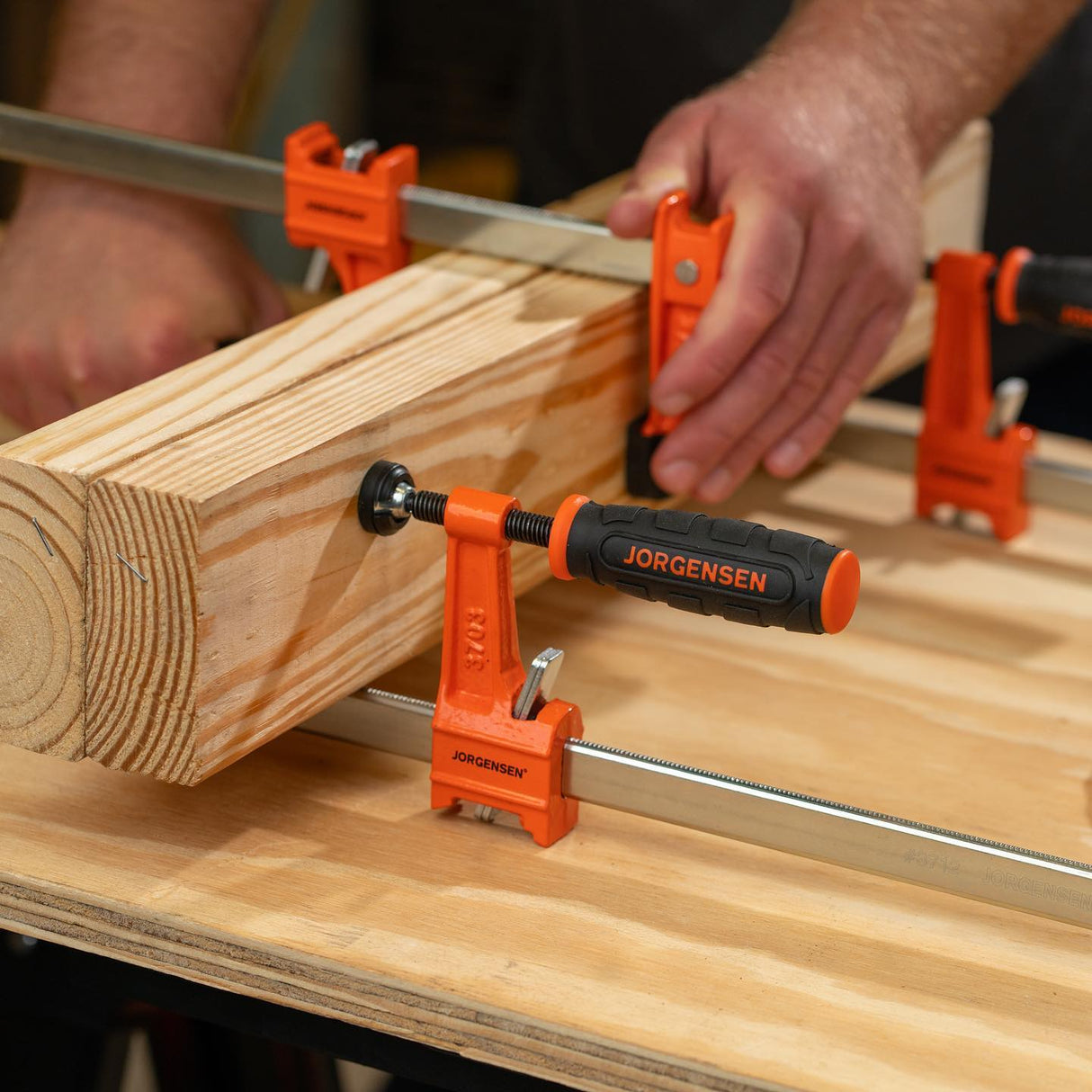 Pony Jorgensen 300mm Light Duty F Clamps Set of 4 in action, ideal for DIY, hobbyists, and makers