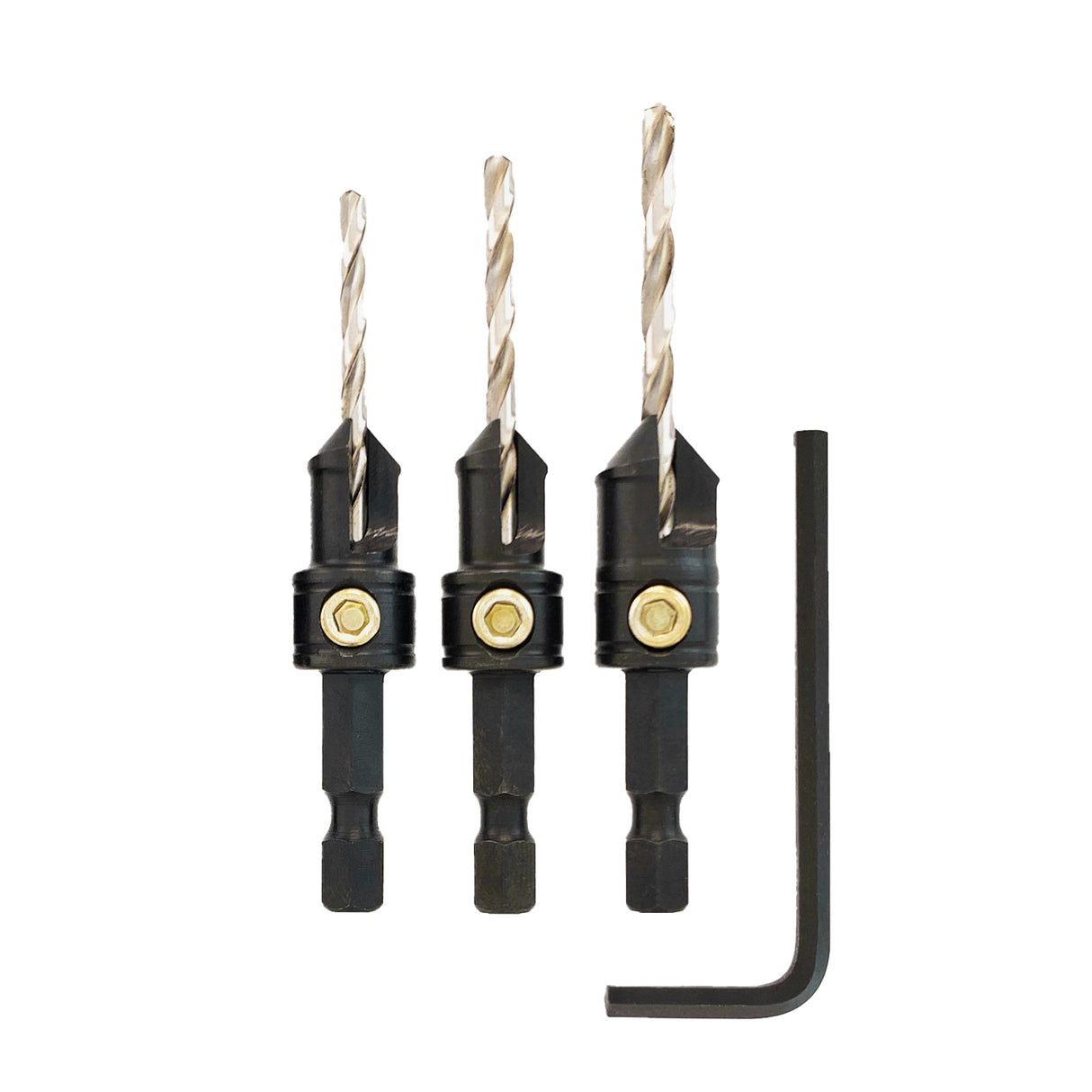 Snappy Set of 3 Gold Screw Countersink Drill Bits in action, drilling pilot holes and countersinking for screws