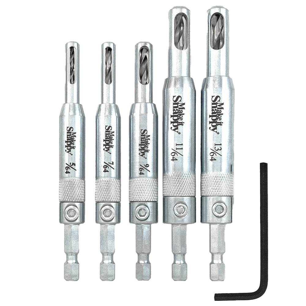 Snappy Set of 5 Self-Centering Hinge Screw Pilot Vix Bits in 1/4in Hex Shank, premium woodworking tools from the USA