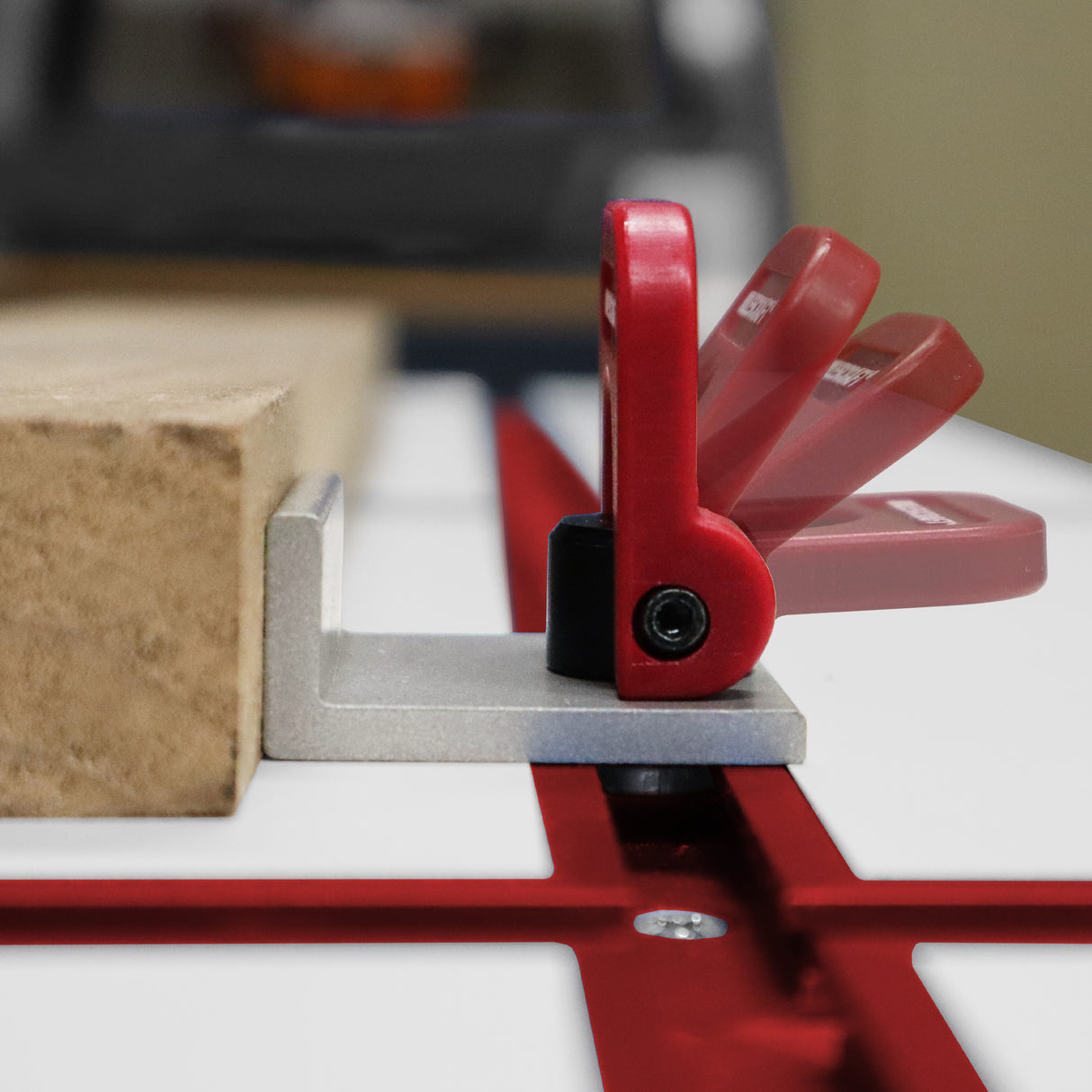 Milescraft Pack of 4 Rotatable T-Track CamStops in use with horizontal clamping products