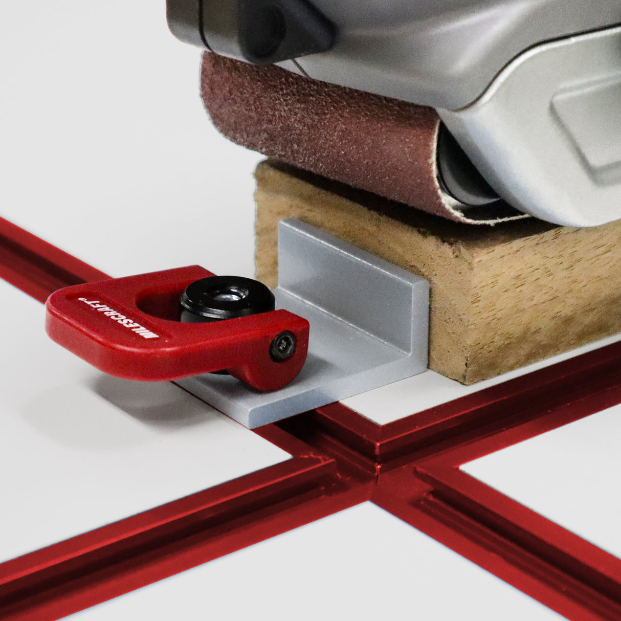 Milescraft Pack of 4 Rotatable T-Track CamStops in action with cam handles for easy adjustments