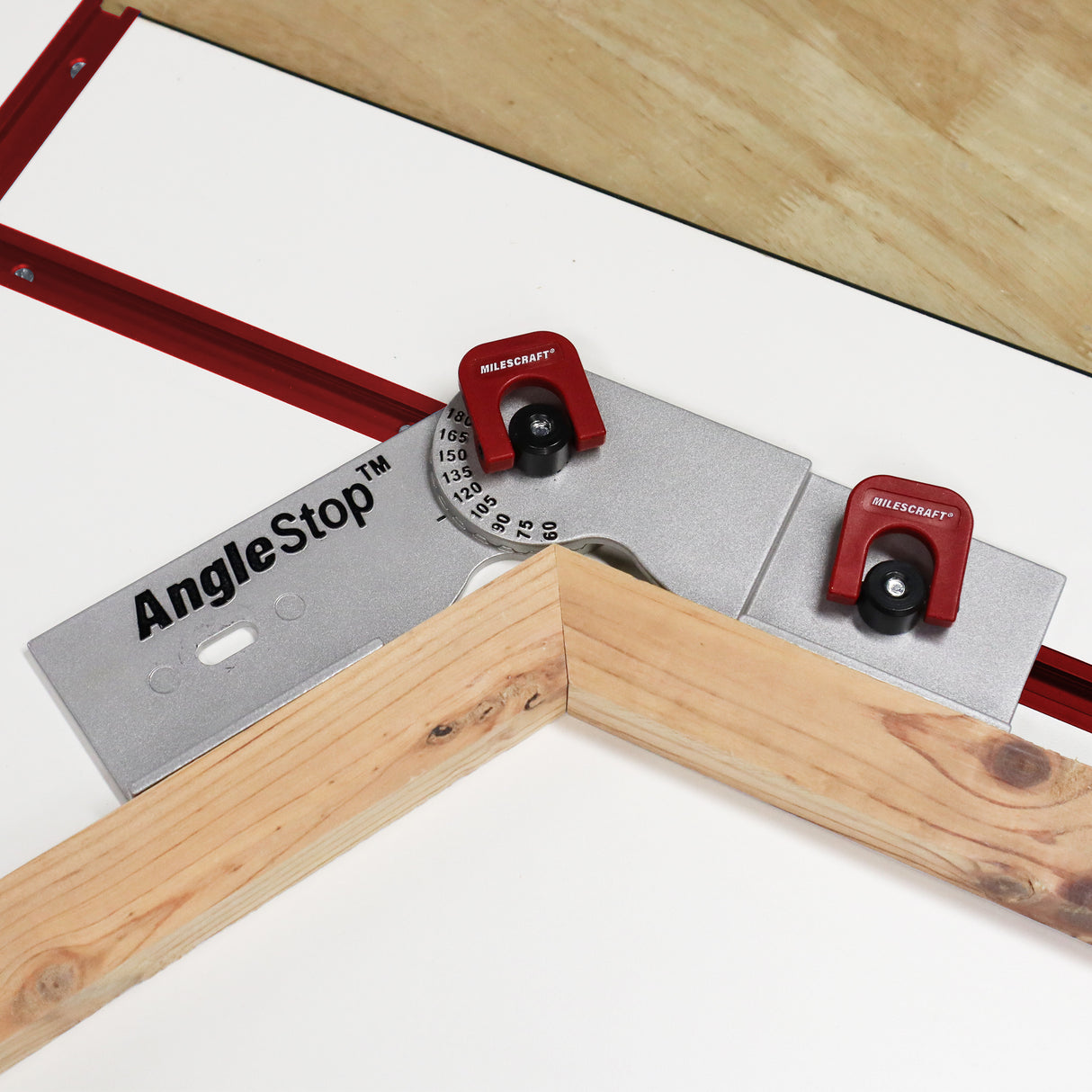 Adjustable Milescraft T-Track AngleStop supporting angled work pieces from 60° to 300° with cam-handle design for quick adjustments