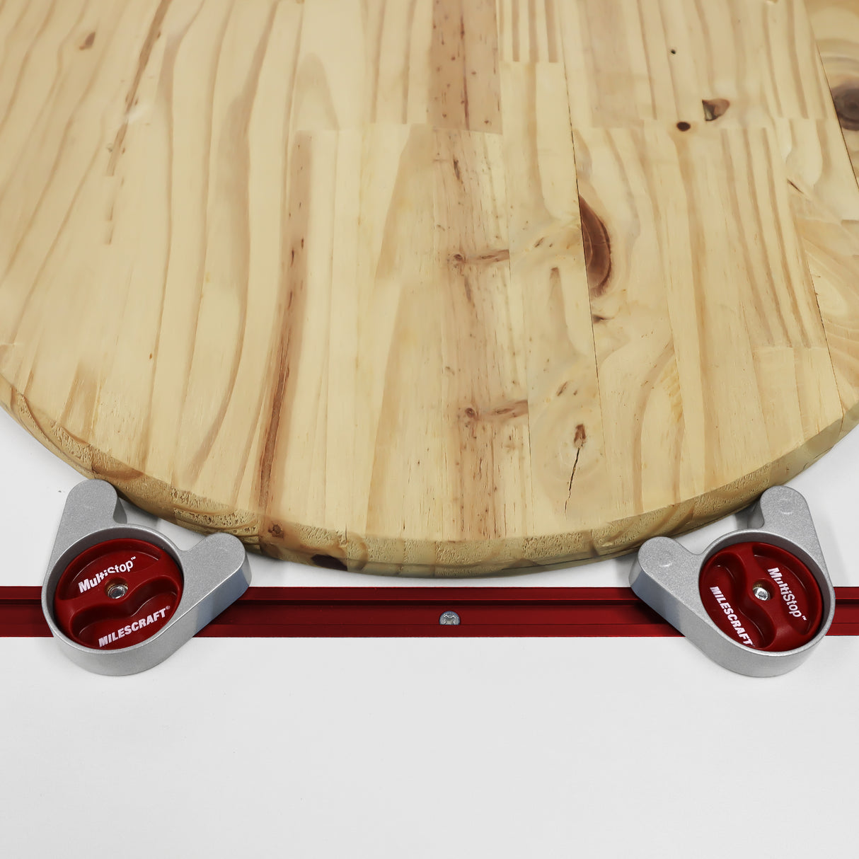 Milescraft T-Track MultiStop Pack of 2, showing adjustable contact surfaces for straight and uneven contours