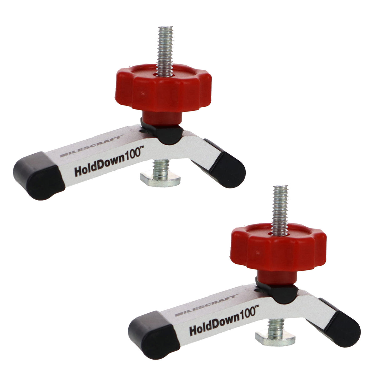 Milescraft Pack of 2 T-Track HoldDown100 Clamps with Non-Marring Rubber Tips on Woodworking Table