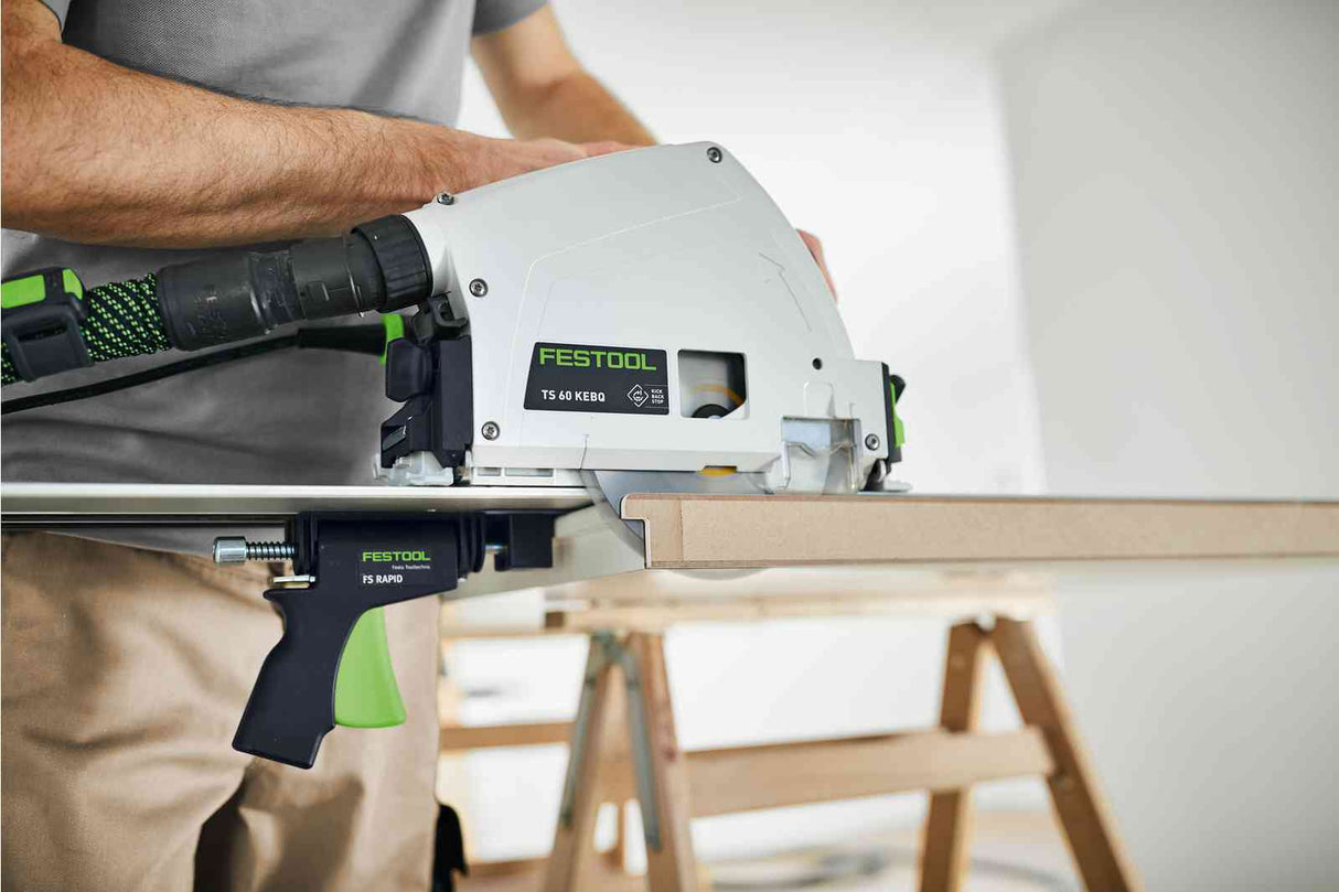 Festool FS Guide Rail Rapid Clamp Right Set attached to workpiece with FS-Rapid quick-action clamp