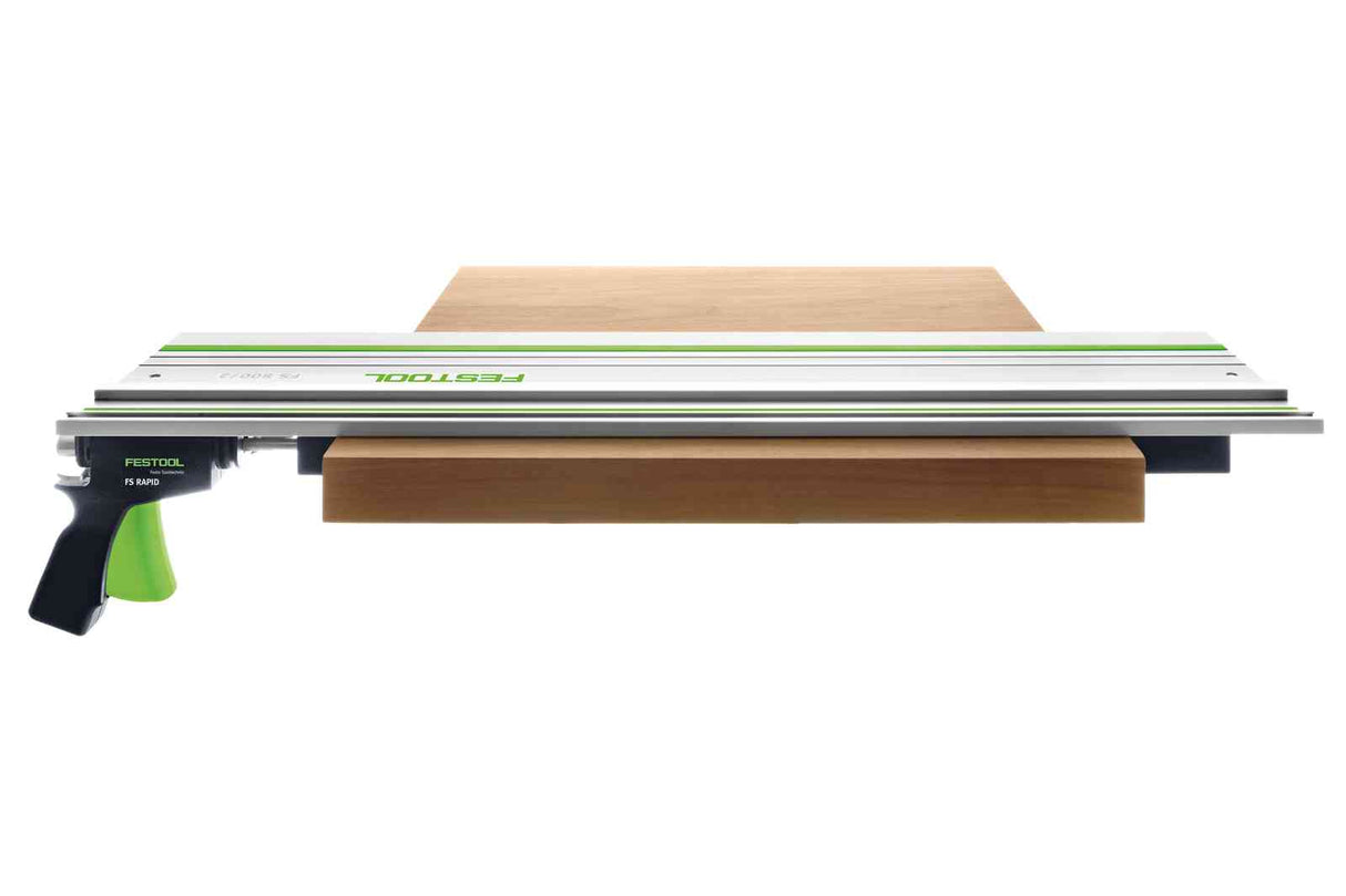 Festool FS Guide Rail Rapid Clamp Right Set attached to workpiece with quick-action clamp, single-hand operation