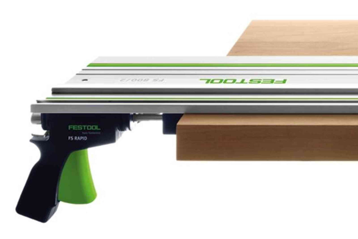 Festool FS Guide Rail Rapid Clamp Right Set attached to workpiece with quick-action clamp