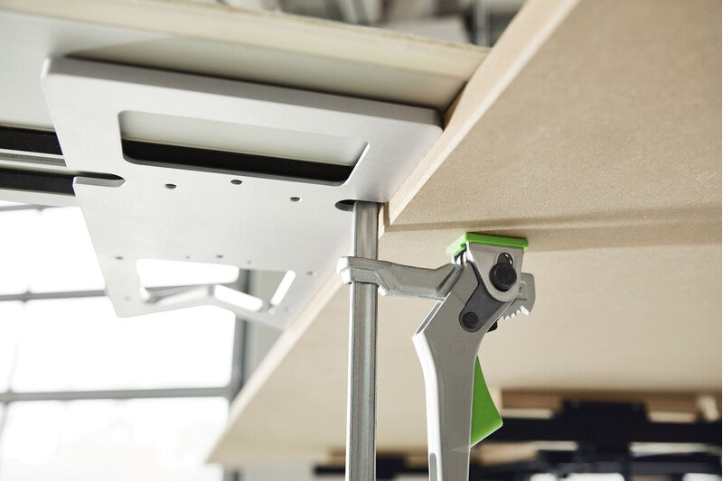 Adjustable 160mm Festool FastFix Clamp in use with Festool MFT for precise woodworking tasks