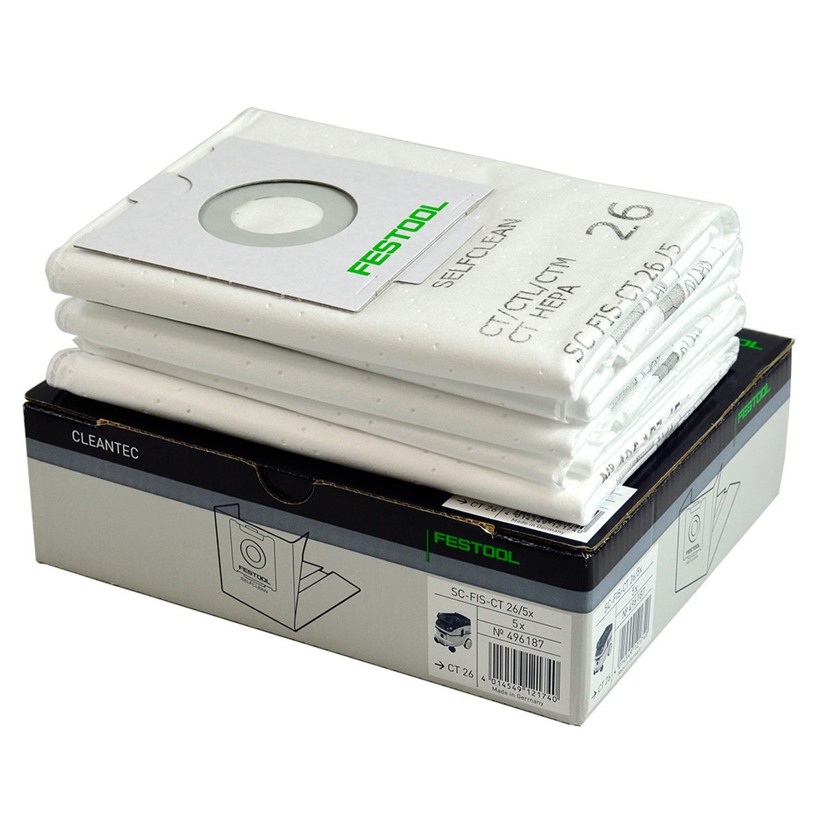 Festool Replacement Selfclean Filter Bags for CT 26 Pack of 5 in use on woodworking tools vacuum