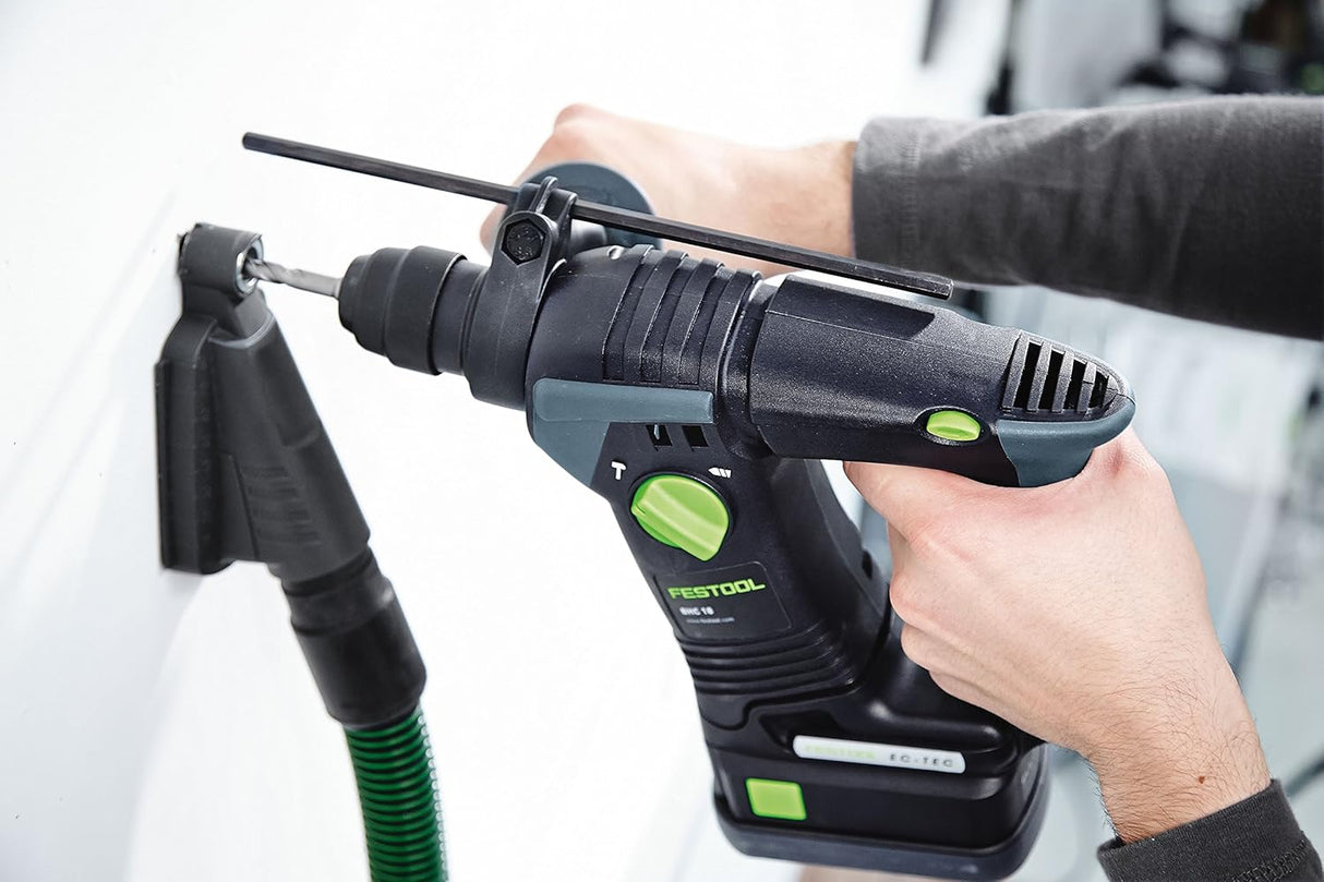 Festool Dust Extraction Nozzle showing patented dual chamber system, foam rubber pad, and flexible joint piece for clean drilling