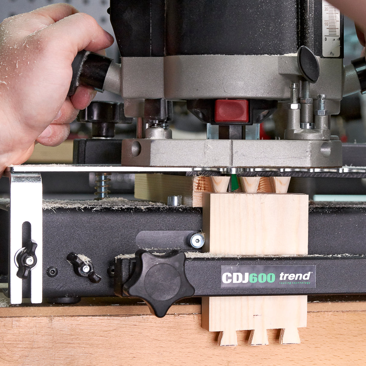 Trend Dovetail Jig 600mm in action, creating precise dovetail joints for plunge routers