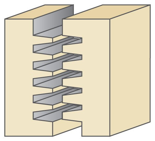 Torquata Finger Joint Router Bit 1/2in Shank 13-38mm Cutting Height in action creating precise tapered fingers for strong joints