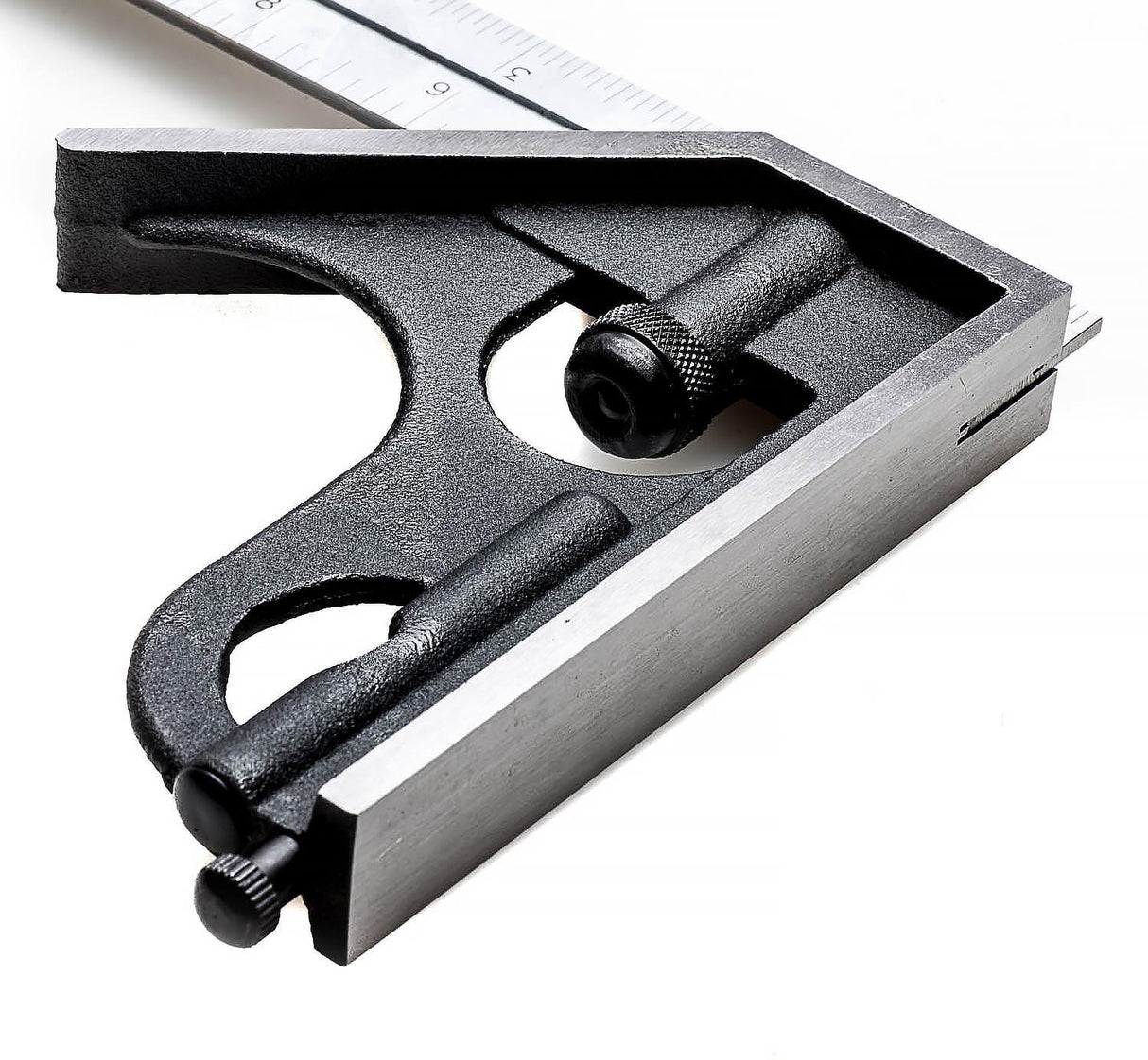 iGaging Combination Square Set with Ruler & Try Square Head, metric/imperial on blade. Close-up view on white background