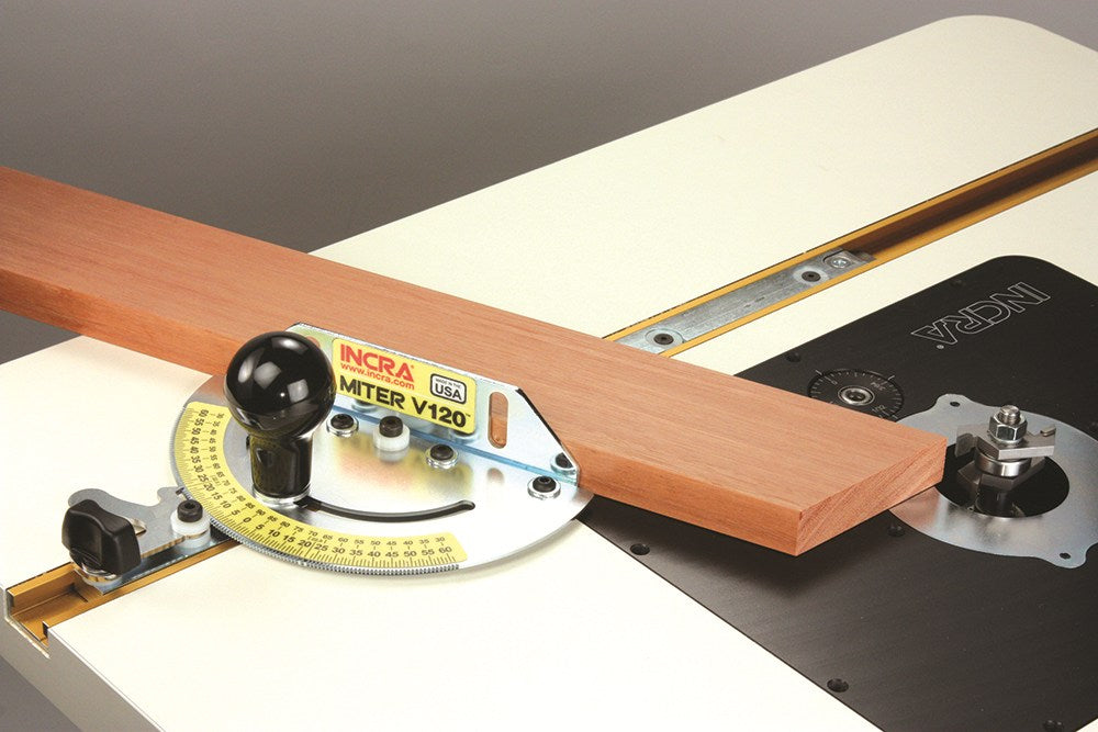 Incra V120 Mitre Guide precision angle cutting gauge in use on woodworking table
