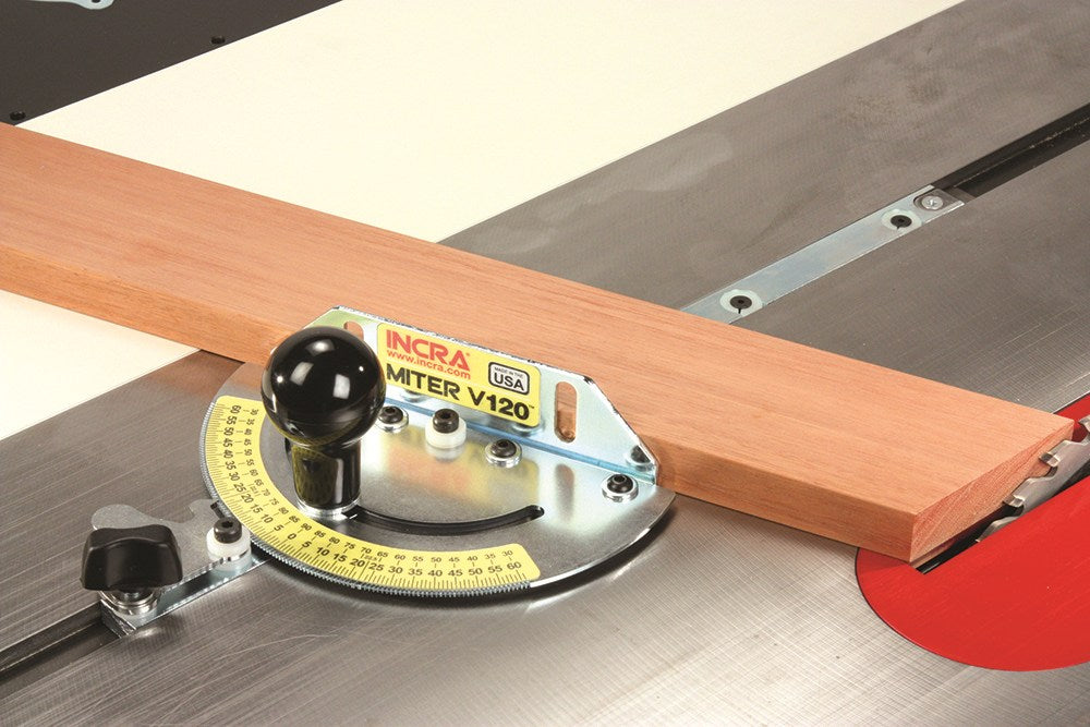 Incra V120 Mitre Guide showing precise angle adjustments