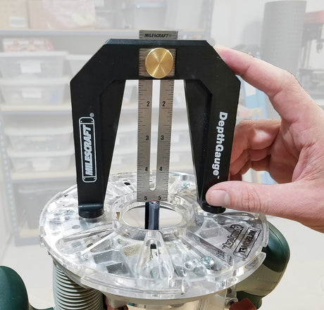Milescraft DepthGauge for precise machine settings, with durable metal scale in millimetres and inches, thumb lever, wide base, and large feet