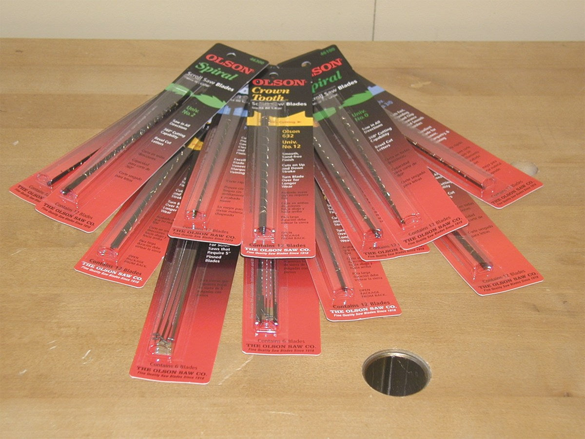 Olson Skiptooth Pinless Scroll Saw Blades, efficient design reduces heat, popular choice for woodworking