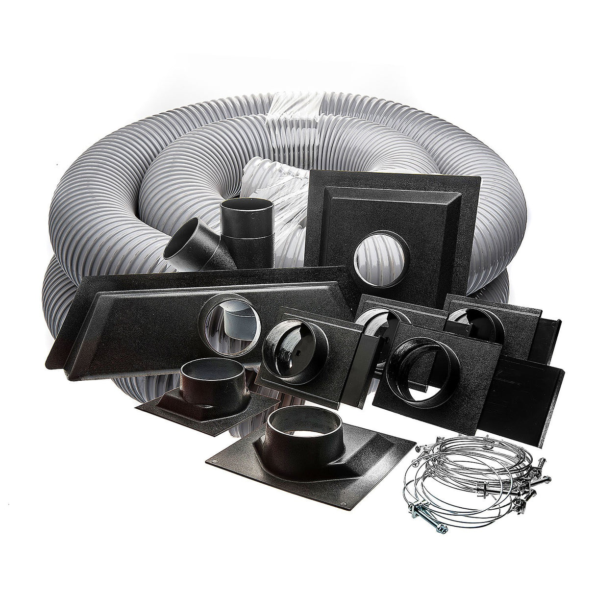 Sherwood 4in Dust Extraction Starter Kit with Connectors, Hose, Blast Gates, Clamps in workshop setting