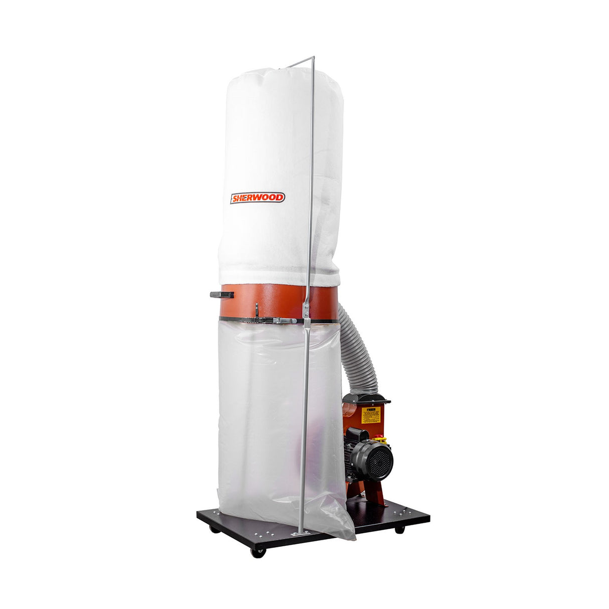 Sherwood 2HP Dust Extractor with Needle Felt Filter Bag, side view showing 1200CFM capacity and 1500W power