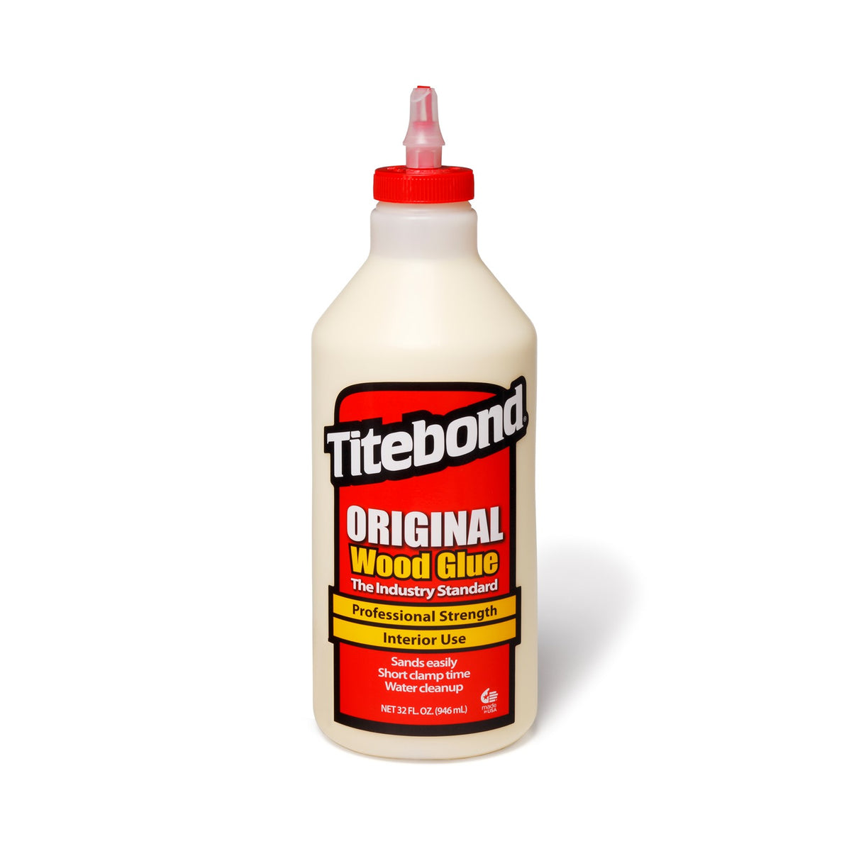 Titebond PVA woodworking glue in 32oz size bottle, industry-standard yellow aliphatic resin formula