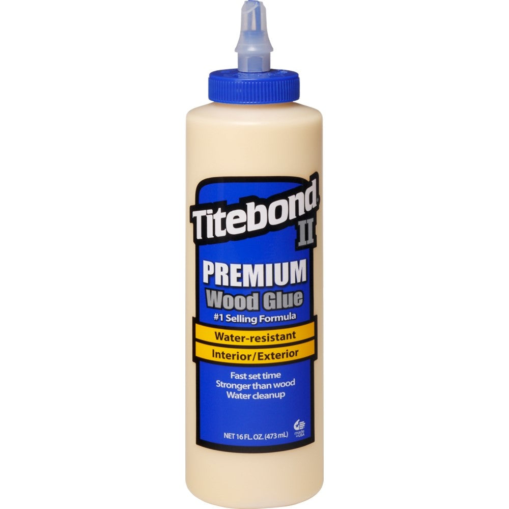 Titebond II Premium Water Resistant Glue - Close-up of yellow PVA Aliphatic Resin bottle