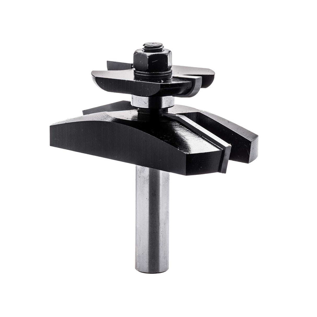 Torquata Back-Cutter Chamfer Router Bit creating cathedral-shaped panel with arched detail