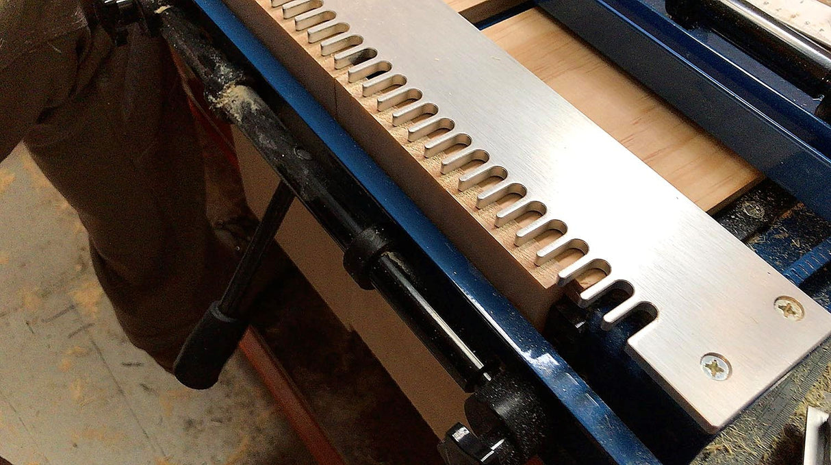 Baladonia Dovetail Jig for Plunge Routers 1/2in Half-Blind Template in action with wood piece