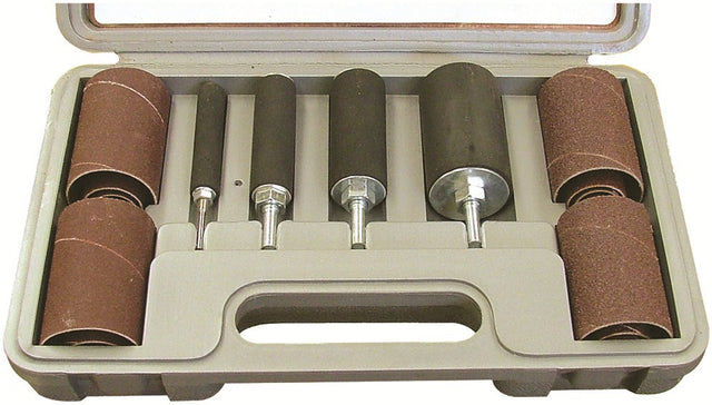 Mini long drum sanding set with four drums - two fine and two coarse abrasive. Various diameters up to 38.1mm
