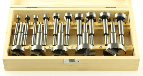 Baladonia Forstner Bit Set of 15 Metric HSS Sawtooth in action on timber block