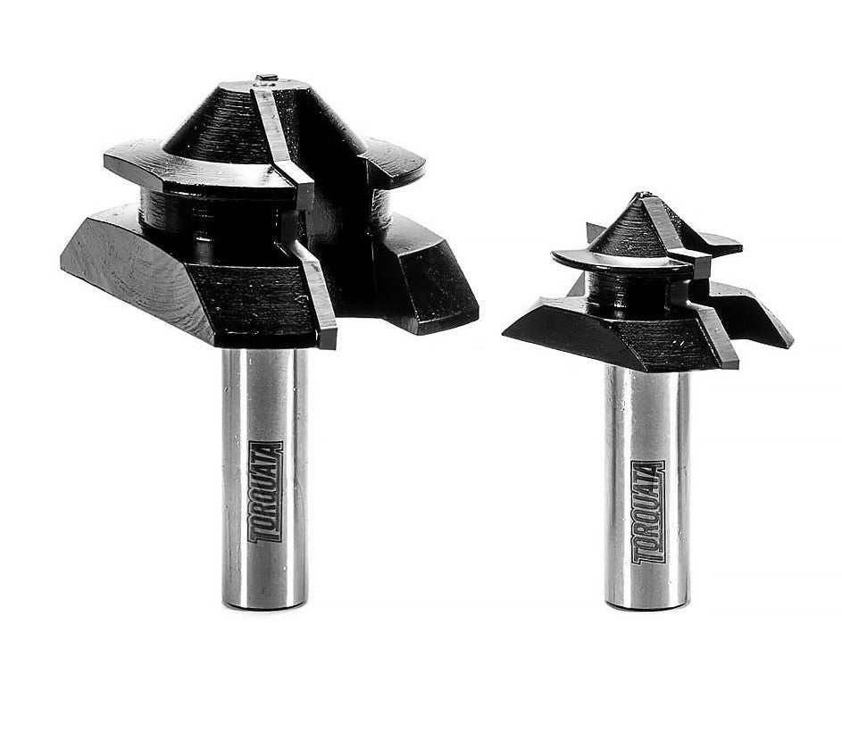 Torquata Lock Mitre Jointing Router Bits 1/2in Shank creating precise 90° corner joints with barely visible apex