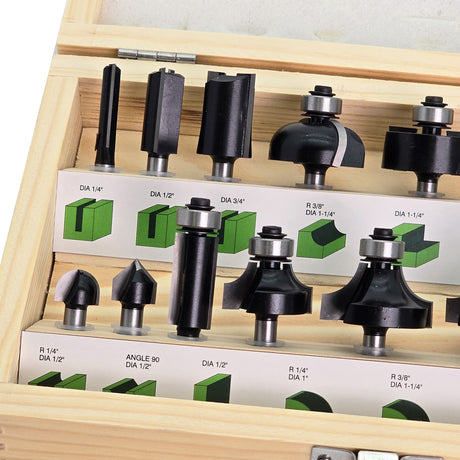 Torquata 15-Piece Mixed Router Bit Set 1/4in Shank in Storage Box, showcasing a variety of plunge, trim, and moulding bits