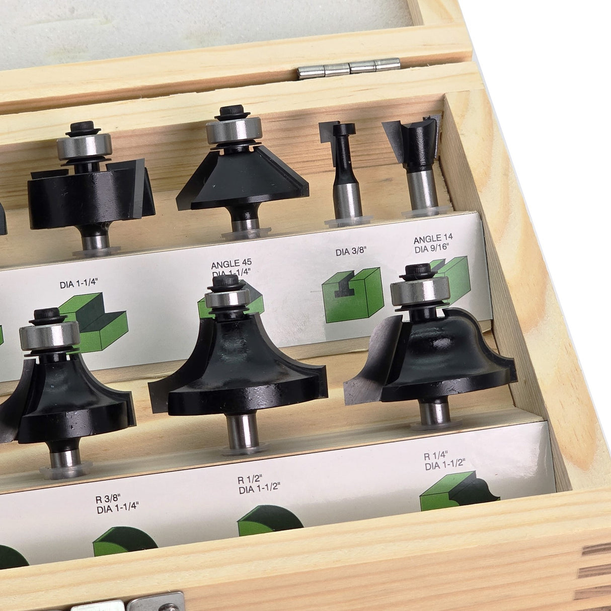 Torquata 15-Piece Router Bit Set 1/4in Shank in Storage Box, assorted bits in a neatly organized storage case