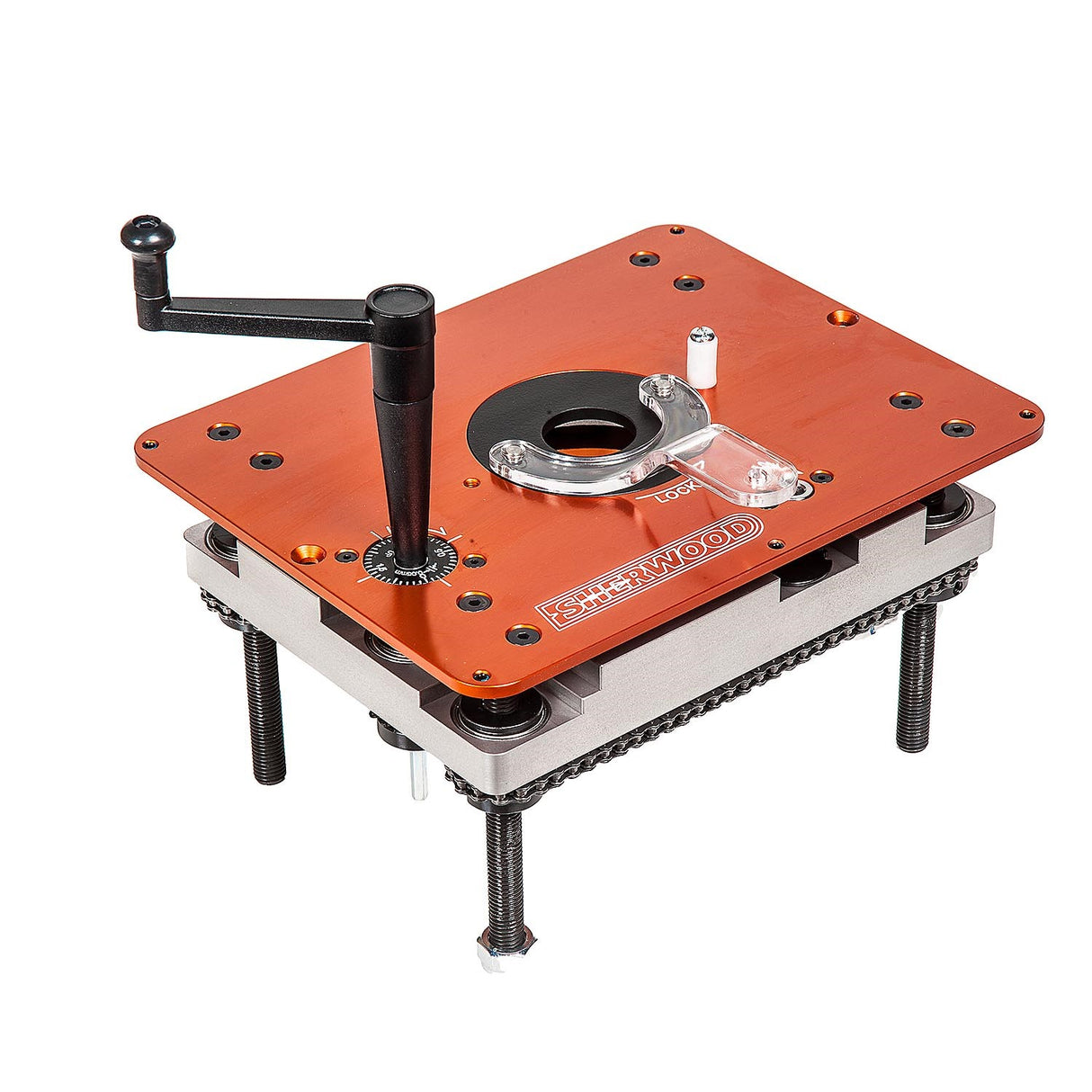 Sherwood Deluxe Cast Iron Router Extension Wing for Table Saws RLIFT-3 Plunge Router Lift, angled view